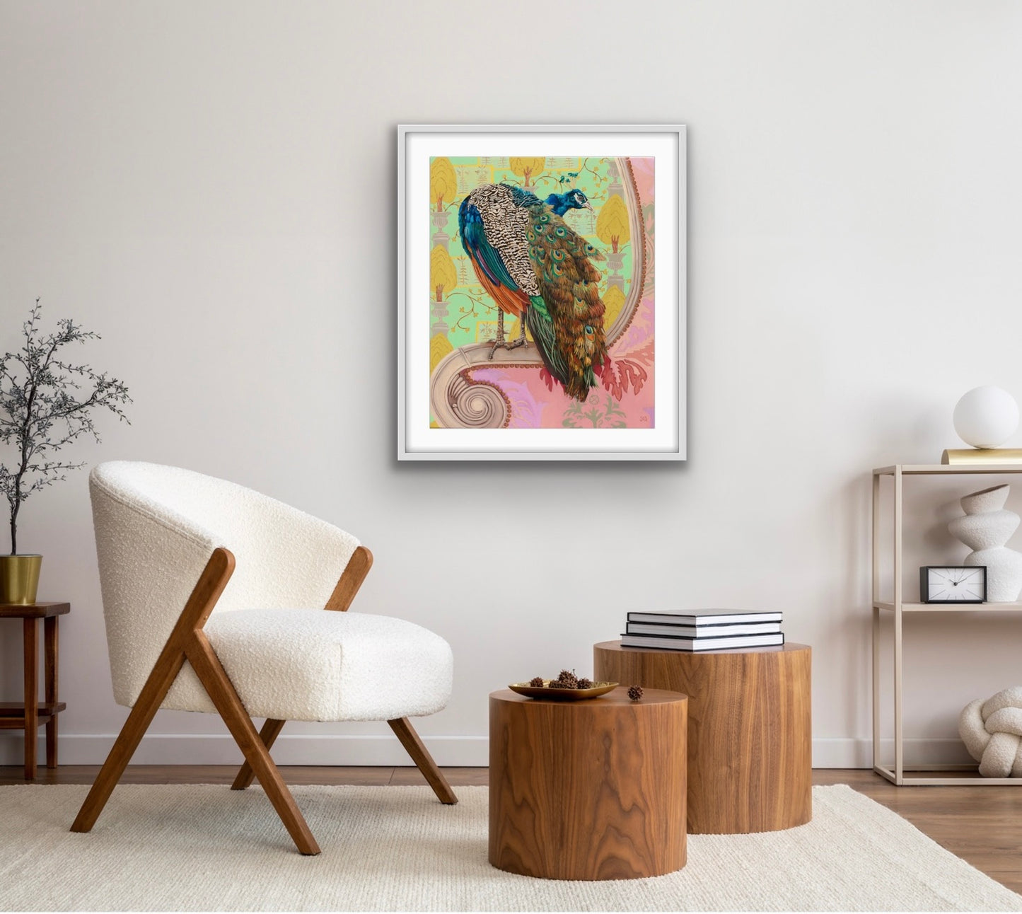 All her pleasure would consist of looking at the peacock and making her dog dance. Fine art print