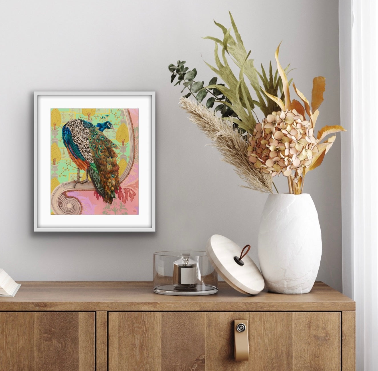 All her pleasure would consist of looking at the peacock and making her dog dance. Fine art print