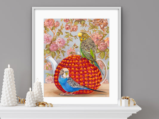 Budgies on a Teapot, limited edition fine art print